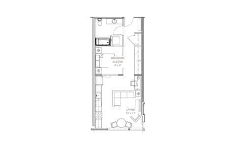 a floor plan of a small apartment with a bedroom and a living room